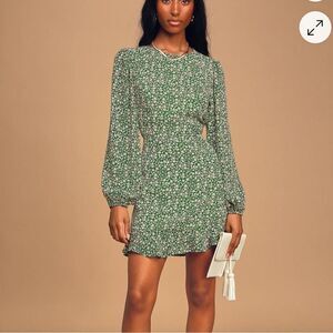 NEW Lulu’s Blooming Darlin' Green Floral Print Ruffled Mini Dress Women’s Small